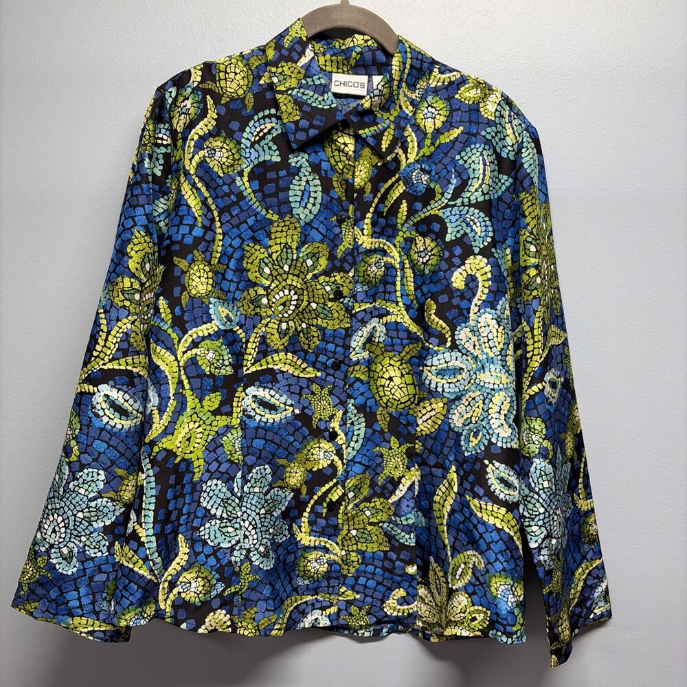 CHICO’S Silk Blue Green Mosaic Sea Turtle Women's Blouse Top Sz 1/US Size 8 Med